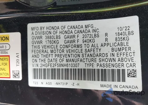 2022 Honda Civic Sport from USA, damaged, VIN 2HGFE2F58NH610307